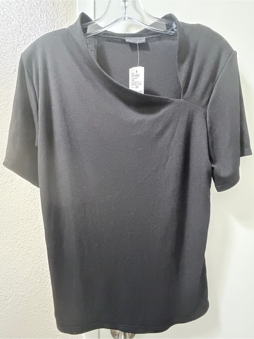 Zenobia Black Ribbed Short Sleeve Tee with Folded Neckline